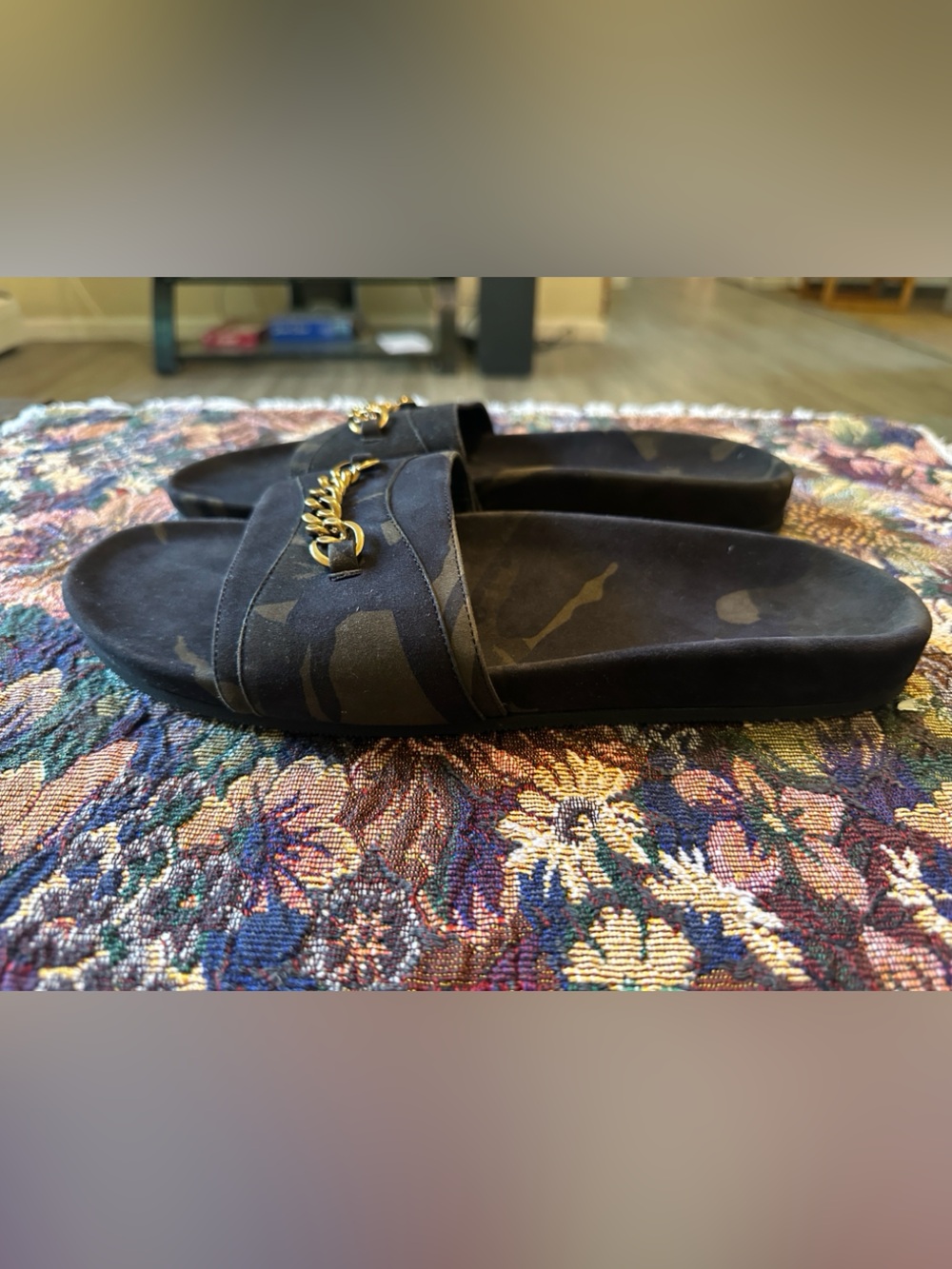 Tom Ford Camouflage Suede Olive Green Gold Chain Accent Men’s Sandals Size 11 T - Picture 6 of 8